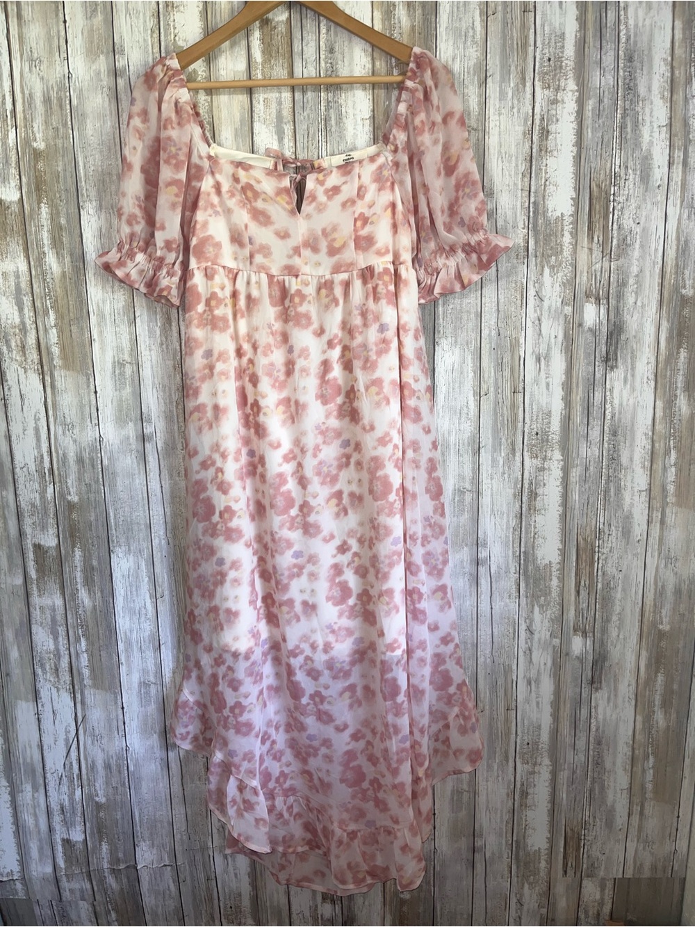 NWT Entro Pink Floral Puff Sleeve Open Back High Low Midi Dress S